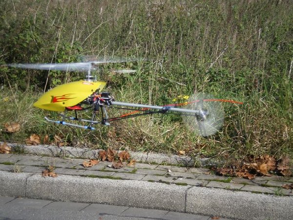 Schwebeflug direkt nach der Autorotation ins Gras. Man sieht noch die Wassertropfen auf der Haube.